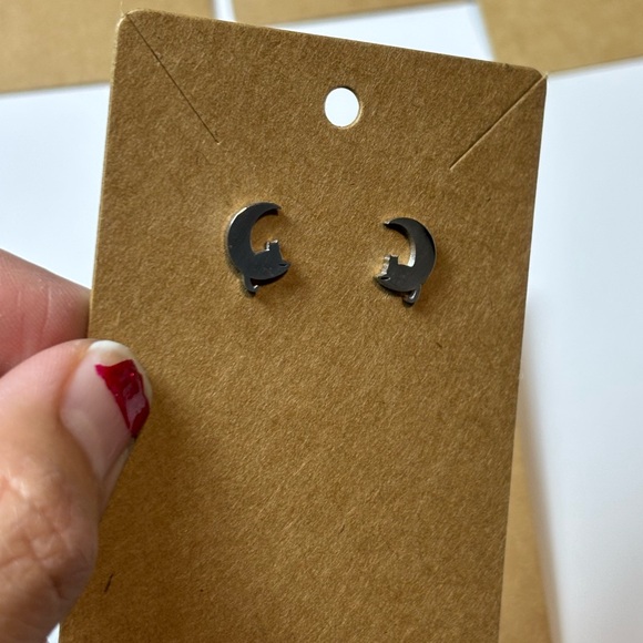 Cat Earrings - Stainless Steel, Stud-Style Earrings, Cats Sitting on the Moon - Picture 4 of 6